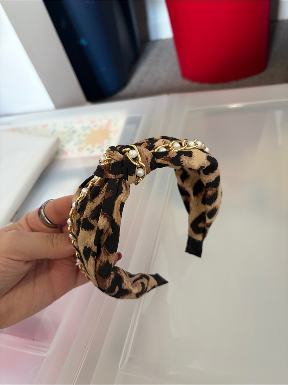 Leopard Print Knotted Headband with Pearl Chain Accent - Brown